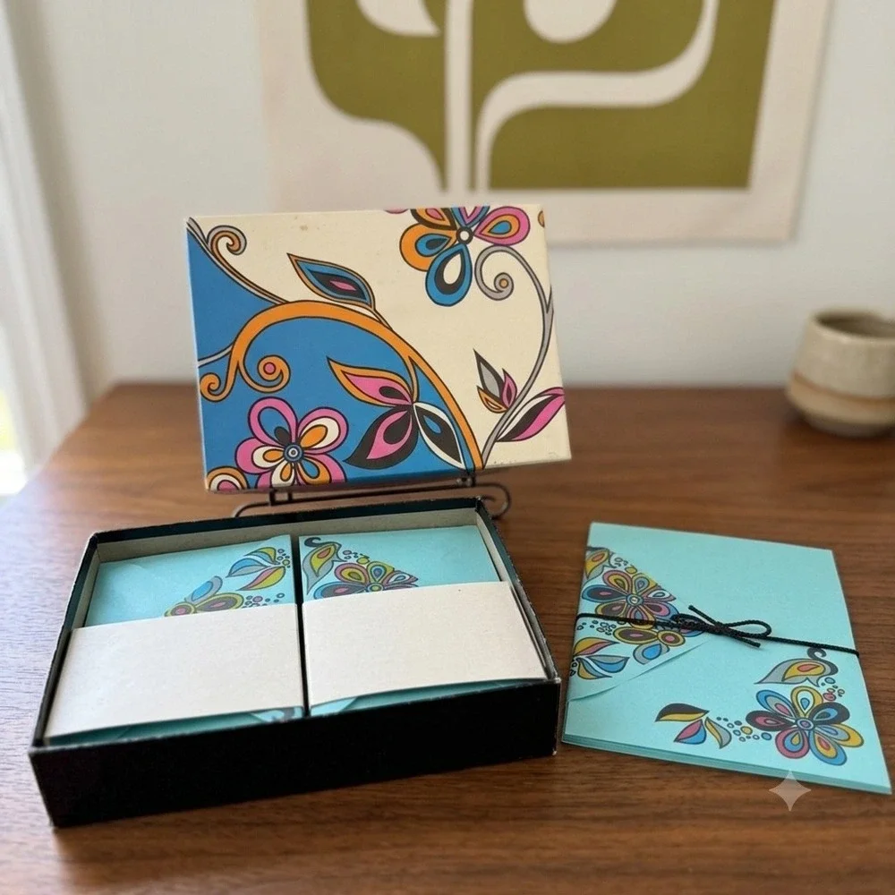 NOS Westab White & Wyckoff Psychedelic Floral Stationery Set Boxed Turquoise
